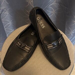 GUESS Men’s Black Slip-On Leather Loafers with Accent Hardware